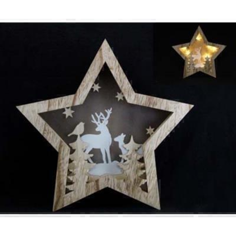 Light up your home with beautifully detailed star shaped light box. The scene featured within shows reindeers and birds in a night time forest setting and looks just as lovely when the light is not switched on Approx size (LxWxD) 41x41x7cm. Requires 2xAAA batteries (Not Included)